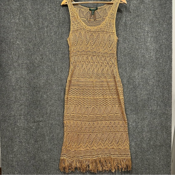 Ralph Lauren Dresses & Skirts - Lauren Ralph Lauren crochet linen beach cover up dress LARGE fringe tan gold